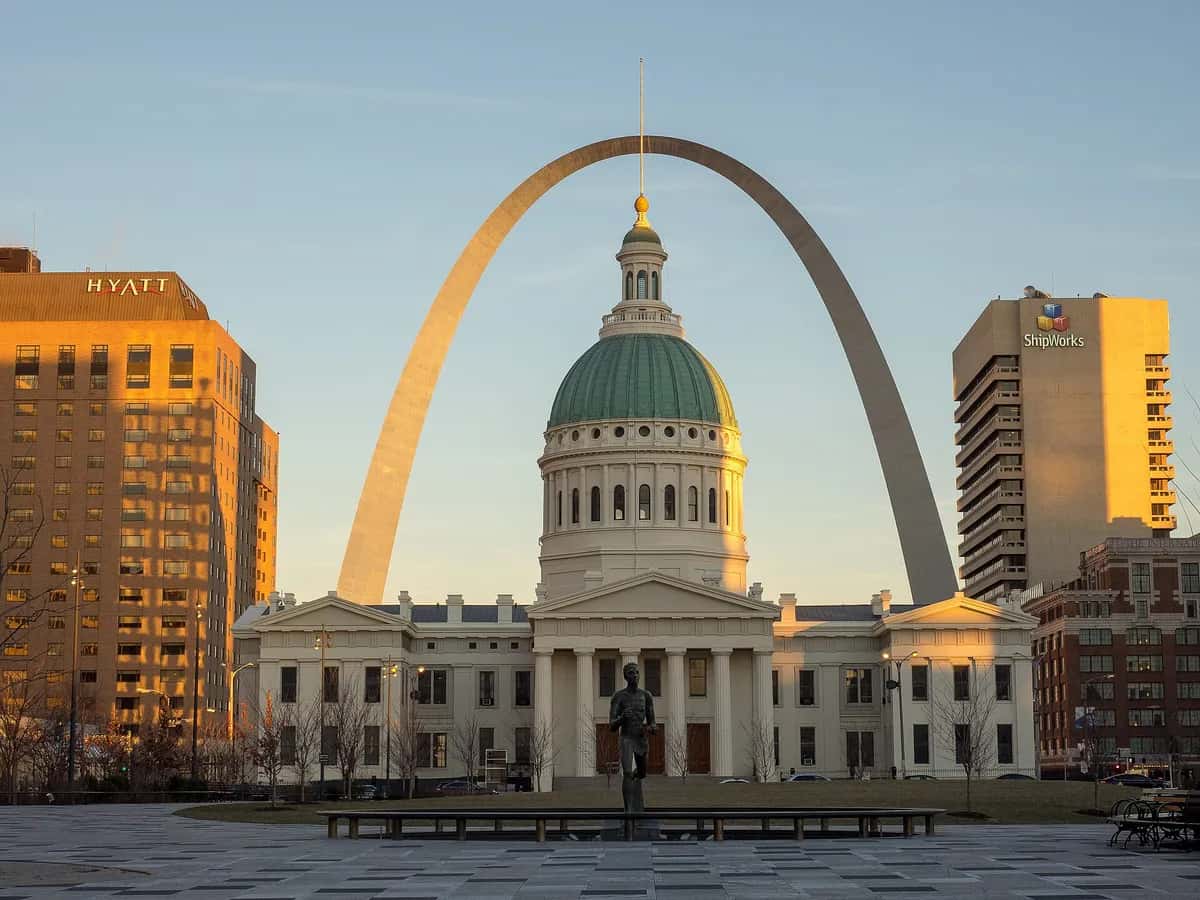 The Gateway Arch rising above the Mississippi riverfront in St. Louis