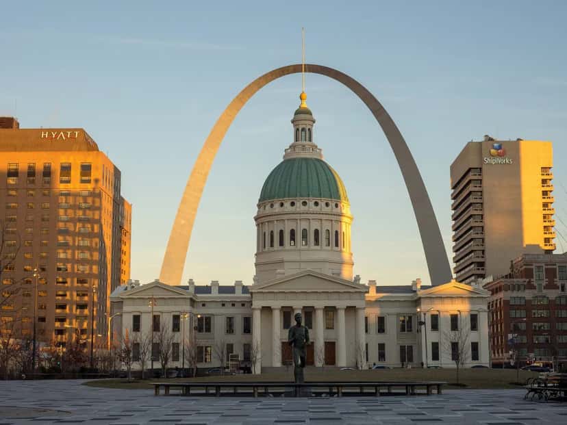 The Gateway Arch rising above the Mississippi riverfront in St. Louis