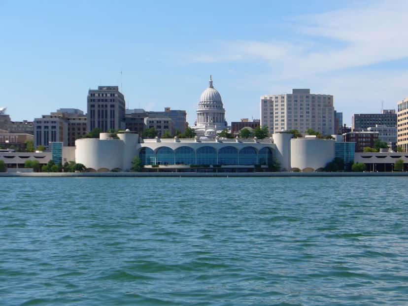The Wisconsin State Capitol above Lake Monona in Madison