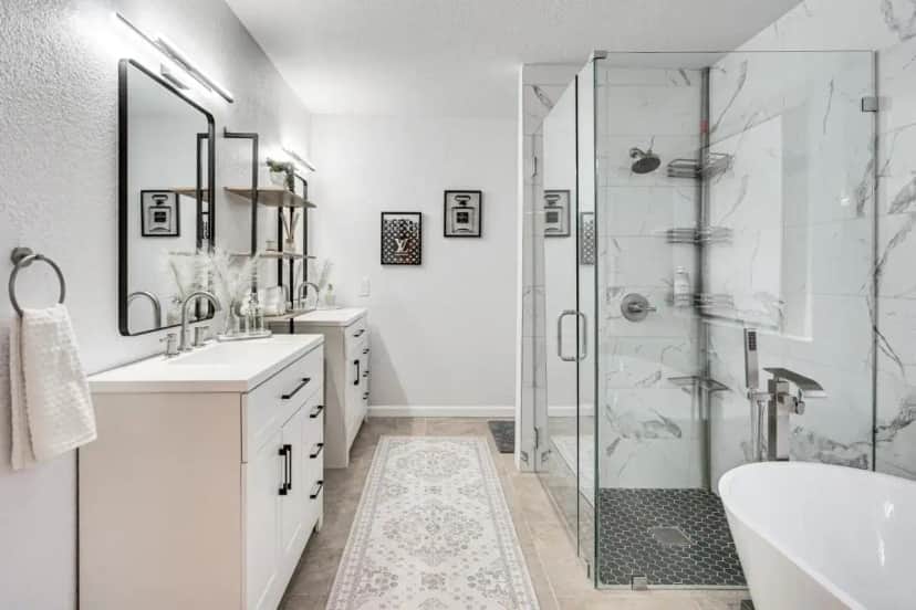 a white bathroom with a shower and a tub and sink at 7 Mi to Sabino Canyon: Poolside Oasis w/ Mtn Views in Tucson