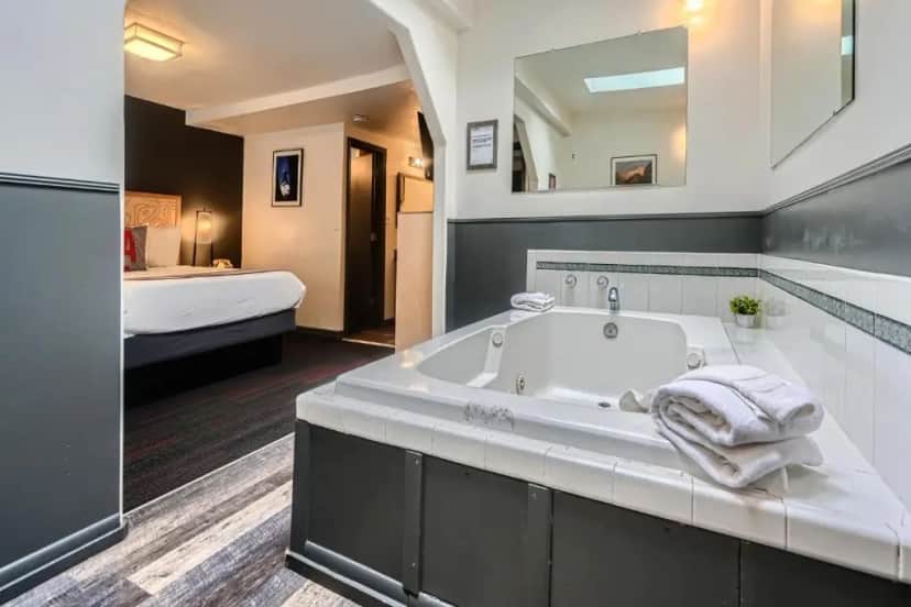 Private in-room jacuzzi tub in the Basecamp Jacuzzi Queen at A-Lodge Boulder