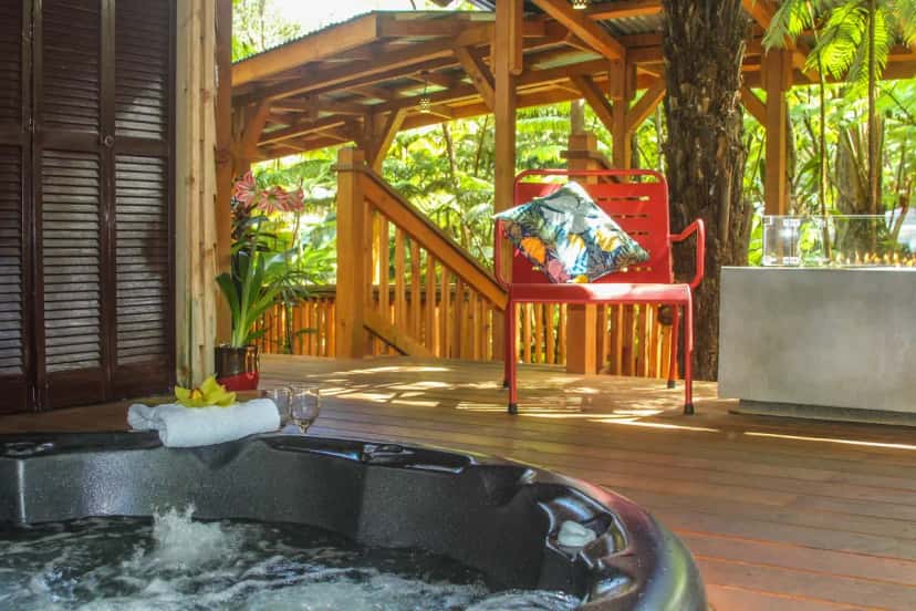 Private outdoor hot tub at At the Craters Edge in Hawaii Volcanoes National Park, HI