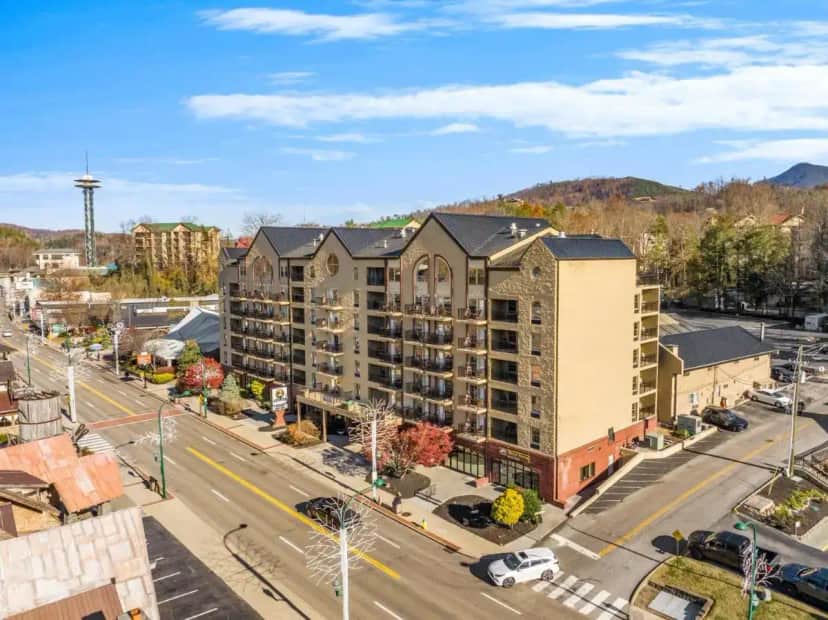 an aerial view of a city with buildings and a street at Black Bear Inn & Suites in Gatlinburg