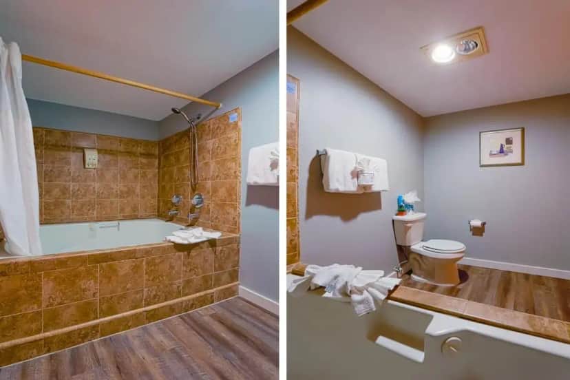 two pictures of a bathroom with a tub and a toilet at Coast River Inn by OYO Seaside in Seaside