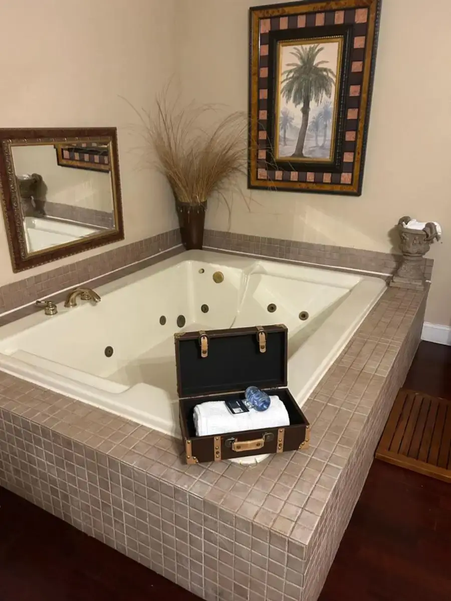 a bath tub with a suitcase sitting inside of it at Colts Neck Inn Hotel in Colts Neck