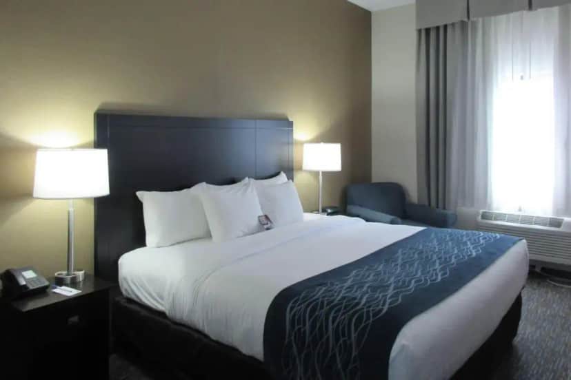 a hotel room with a large bed and two lamps at Comfort Inn Port Huron in Port Huron