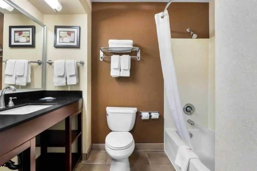 a bathroom with a toilet and a sink and a shower at Comfort Suites Clovis - Fresno in Clovis