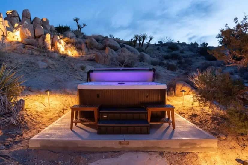 Private outdoor hot tub at Cozy Retreat Amidst Boulders in Yucca Valley, CA