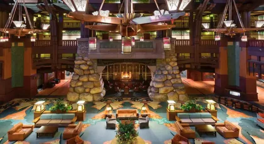 an overhead view of a hotel lobby with a large room at Disney's Grand Californian Hotel & Spa in Anaheim