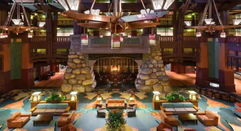 an overhead view of a hotel lobby with a large room at Disney's Grand Californian Hotel & Spa in Anaheim