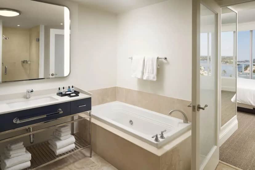 Private in-room jacuzzi tub in the Tresor One Bedroom Ocean View Suite at Fontainebleau Miami Beach