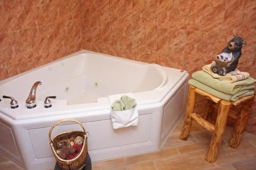 a bath tub in a bathroom with a dog sitting on a stool at Gateway Inn and Suites in Salida
