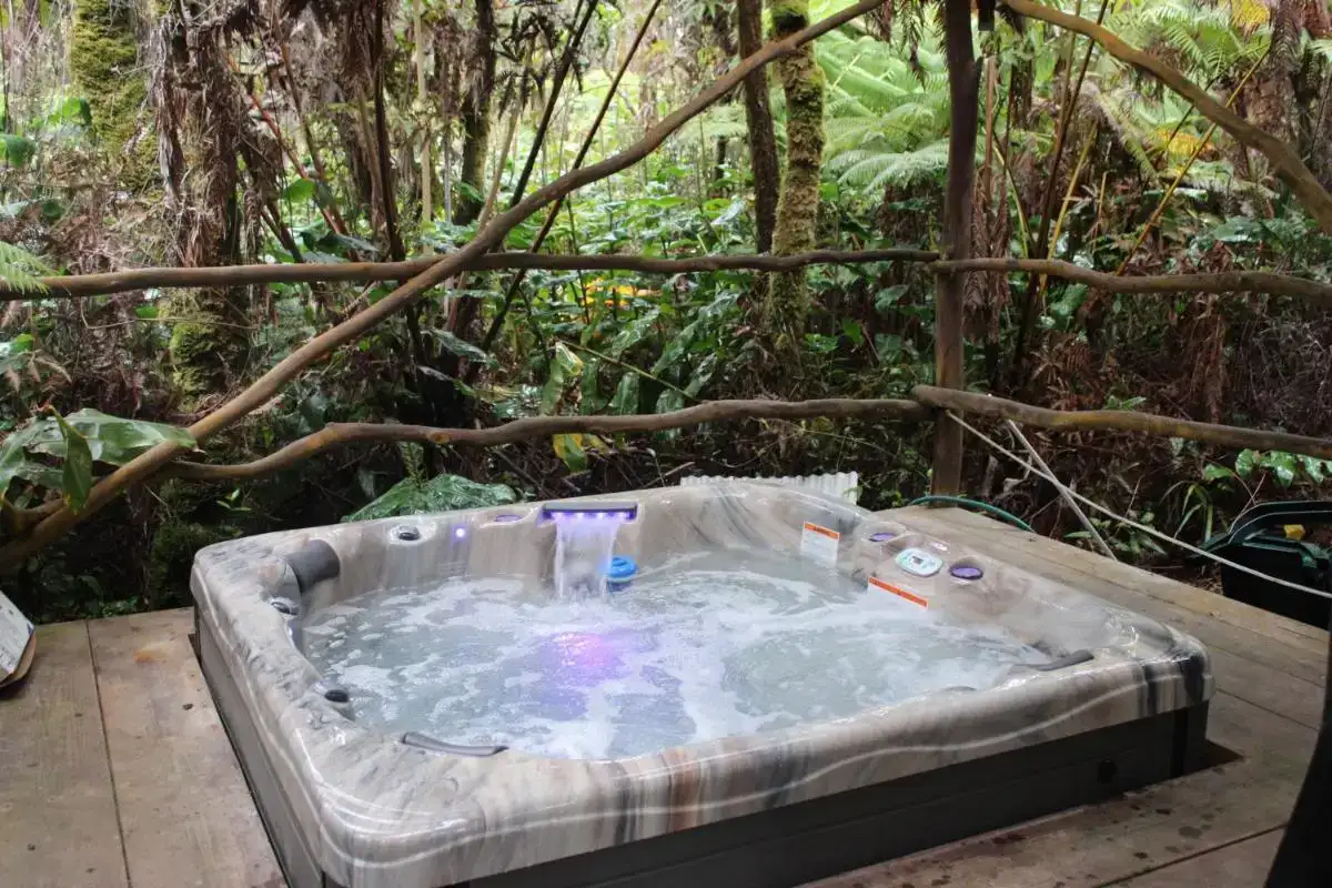a hot tub in the middle of a forest at Hale Kumu La'au- A'a in Volcano