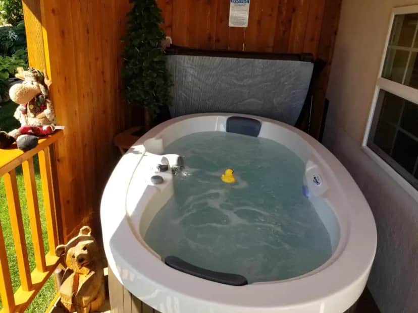a jacuzzi tub with a yellow duck in it at Haus Hanika in Leavenworth