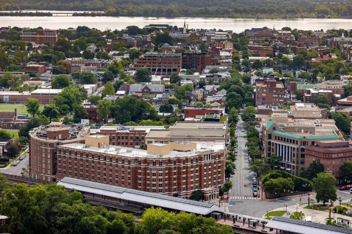 an aerial view of a large city with buildings at Hilton Alexandria Old Town in Alexandria