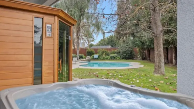 Private in-room jacuzzi at Home oasis with sauna, jacuzzi, pool