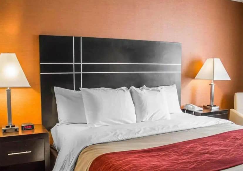 a large bed in a hotel room with two lamps at Howard Johnson by Wyndham Columbus State Fairgrounds I-71 in Worthington