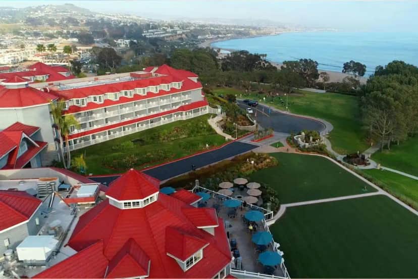 an aerial view of a hotel with red roof at Laguna Cliffs Marriott Resort & Spa in Dana Point