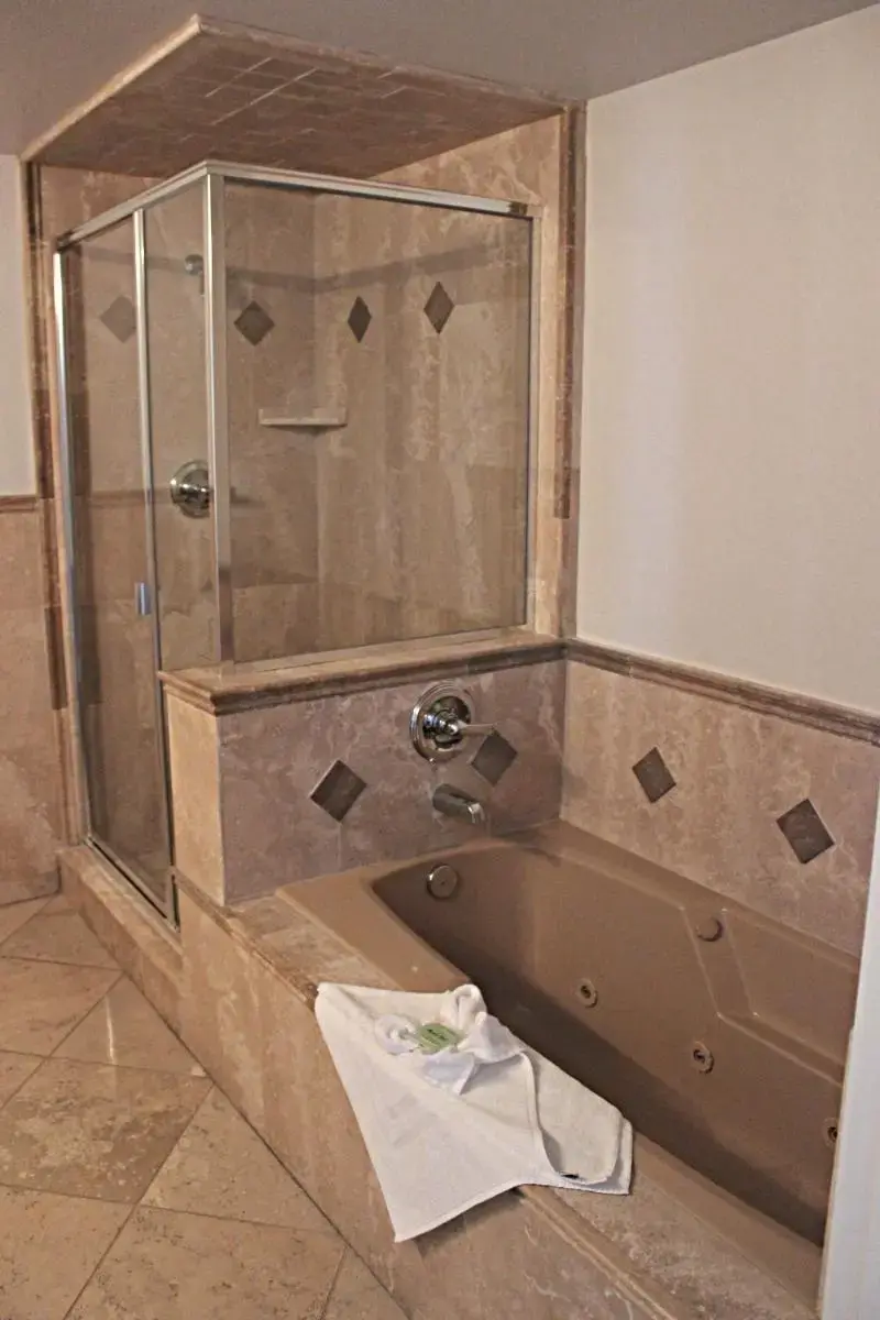a bathroom with a shower with a towel on the floor at Little Sur Inn in Cambria