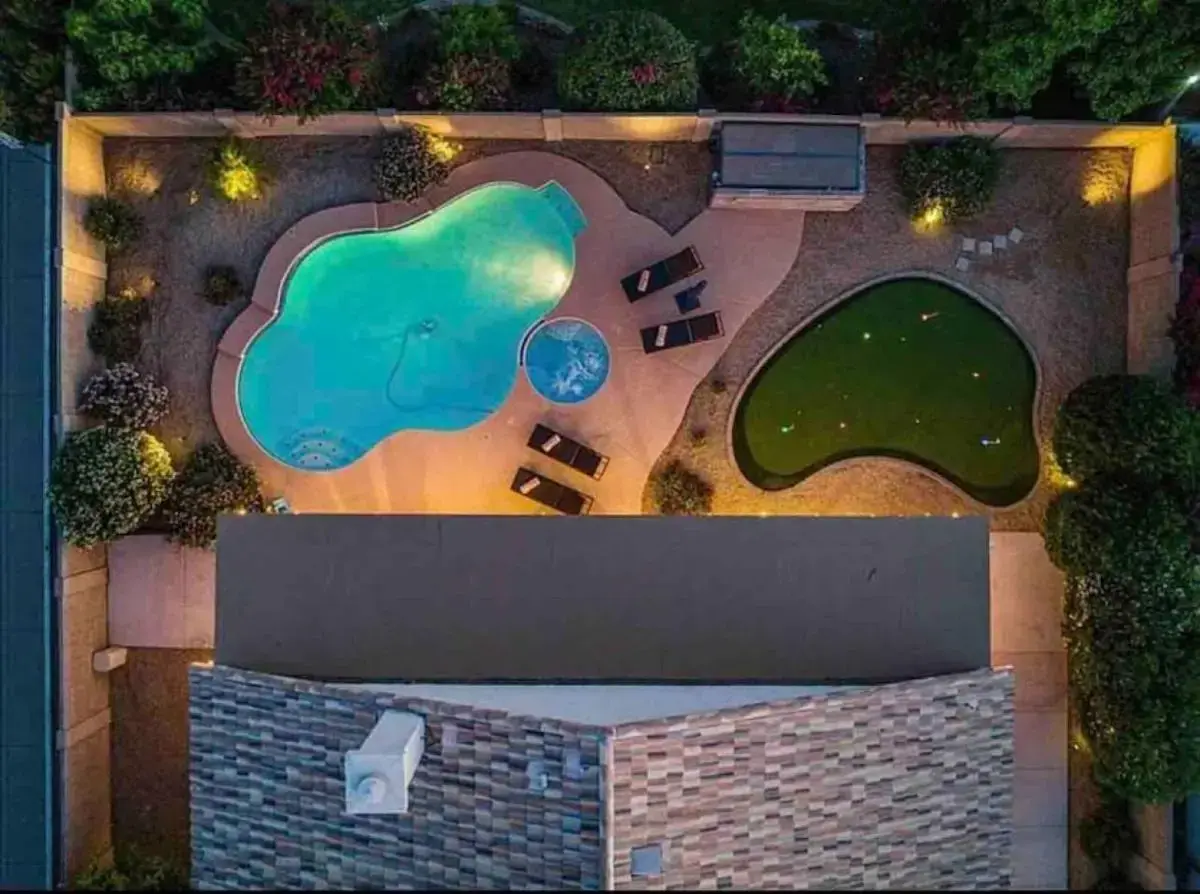 an overhead view of a garden with a pond at Luxury Scottsdale Retreat Heated Pool and Mini Golf in Phoenix