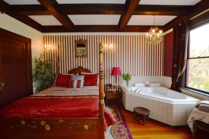 Private in-room jacuzzi tub in the Queen Room with Spa Bath at Marketa’s Bed and Breakfast