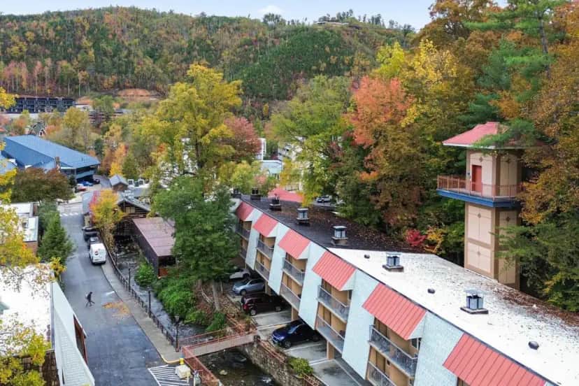 an aerial view of a town with trees and buildings at Quality Inn Creekside - Downtown Gatlinburg in Gatlinburg