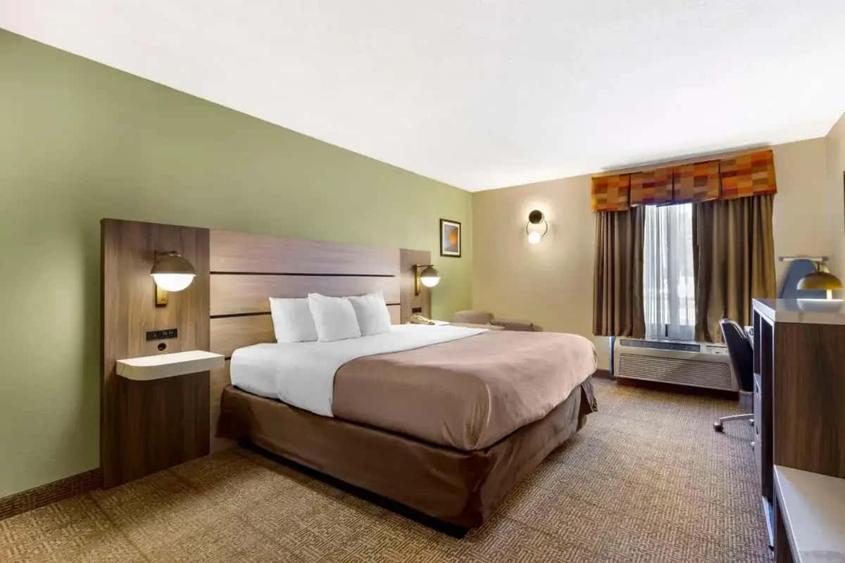 a hotel room with a large bed and a window at Quality Inn Raleigh Downtown in Raleigh