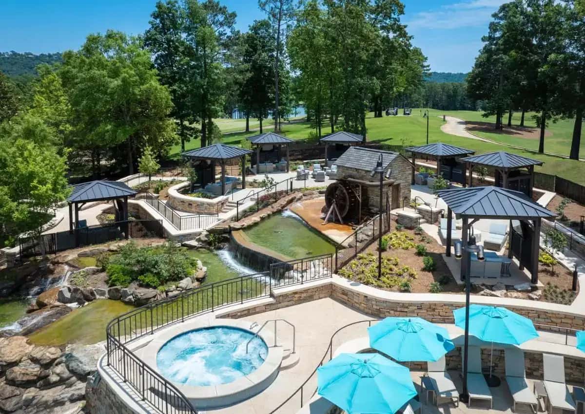 an aerial view of a water park with a hot tub at Renaissance Birmingham Ross Bridge Golf Resort & Spa in Hoover