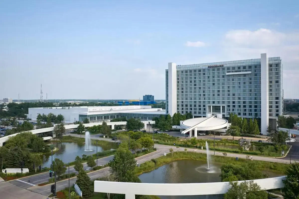 a large building with a fountain in front of it at Renaissance Schaumburg Convention Center Hotel in Schaumburg