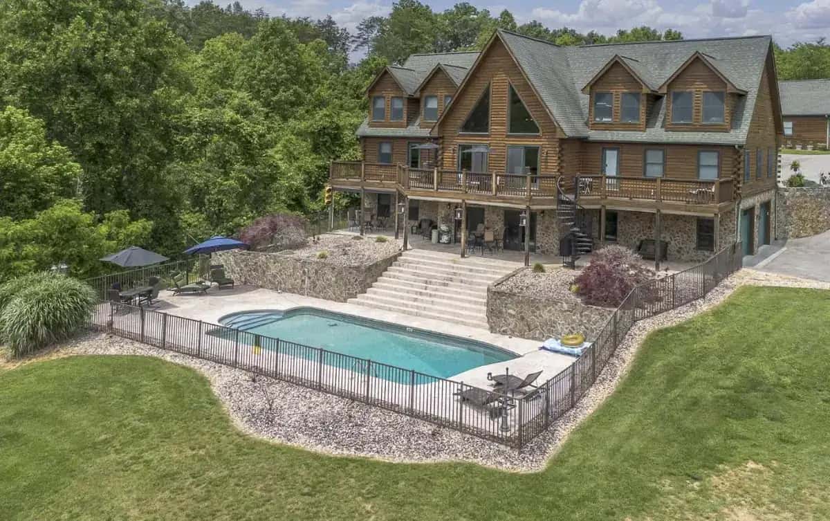 an aerial view of a large house with a swimming pool at Shirley's Bed and Breakfast in Roanoke