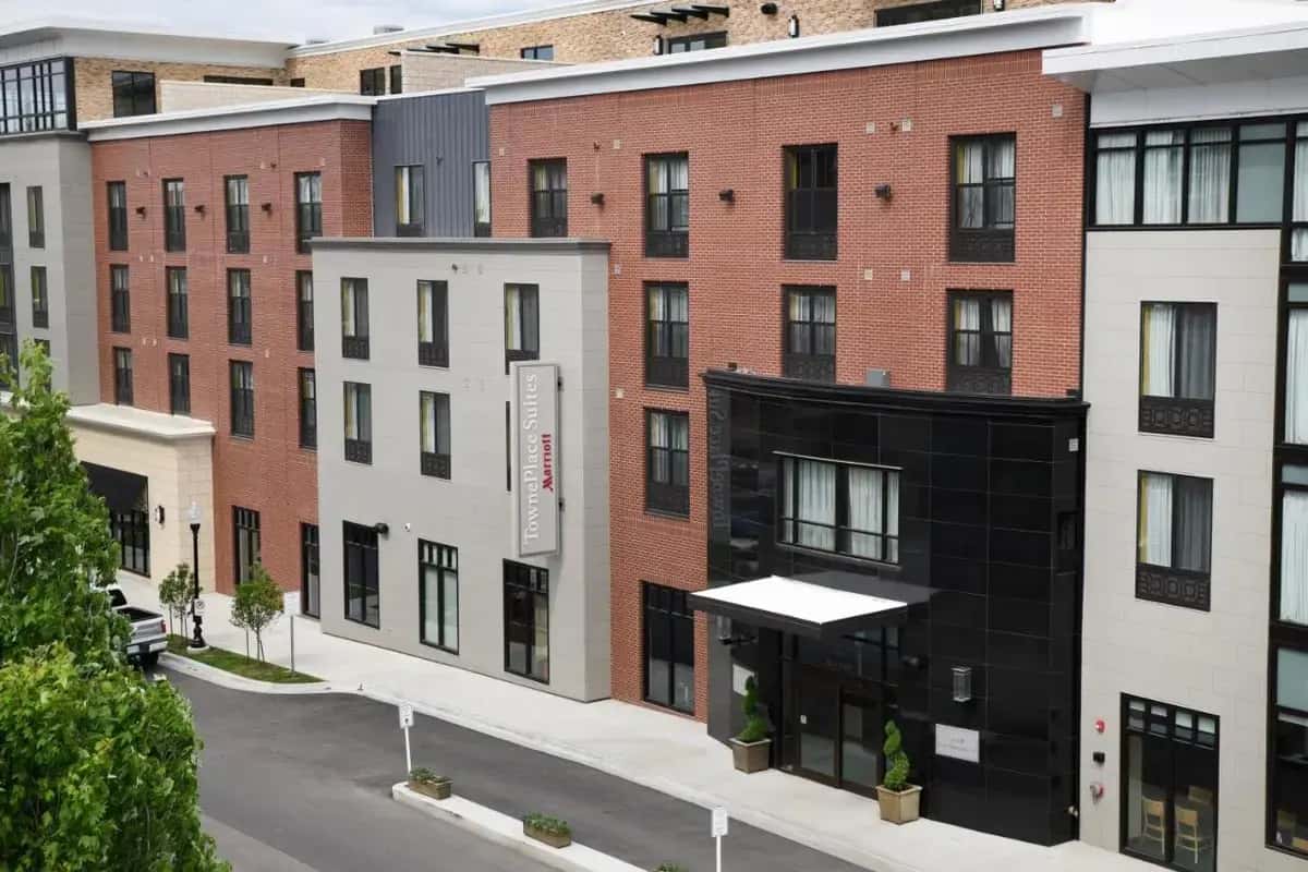 an overhead view of a building with a black facade at TownePlace Suites by Marriott Lawrence Downtown in Lawrence