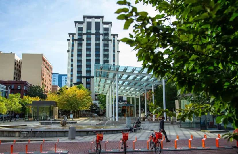 a view of a city with a fountain and buildings at The Paramount Hotel Portland in Portland