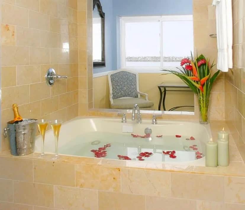 Private in-room jacuzzi tub in the King Room with Ocean View and Spa Bath at The Portofino Hotel & Marina