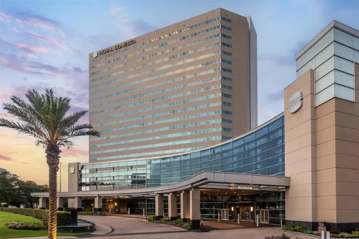 a tall building with a palm tree in front of it at The Royal Sonesta Houston Galleria in Houston
