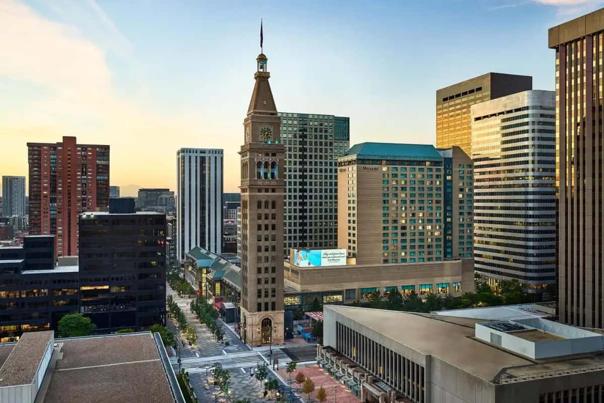 a view of a city skyline with a clock tower at The Westin Denver Downtown in Denver