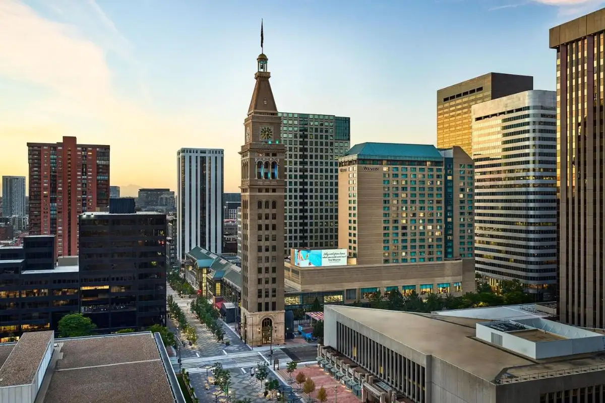 a view of a city skyline with a clock tower at The Westin Denver Downtown in Denver