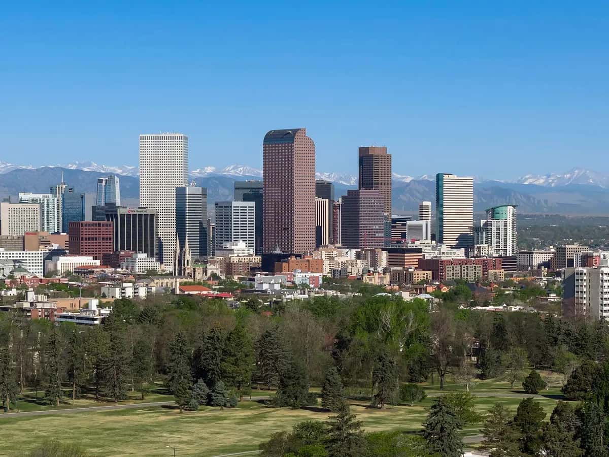 Denver skyline with the Rocky Mountains behind