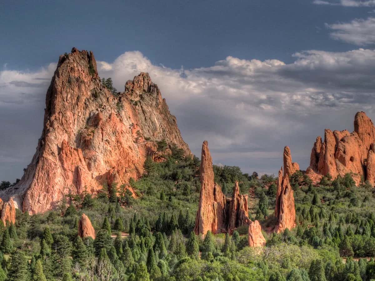 Garden of the Gods red rocks with Pikes Peak behind, Colorado
