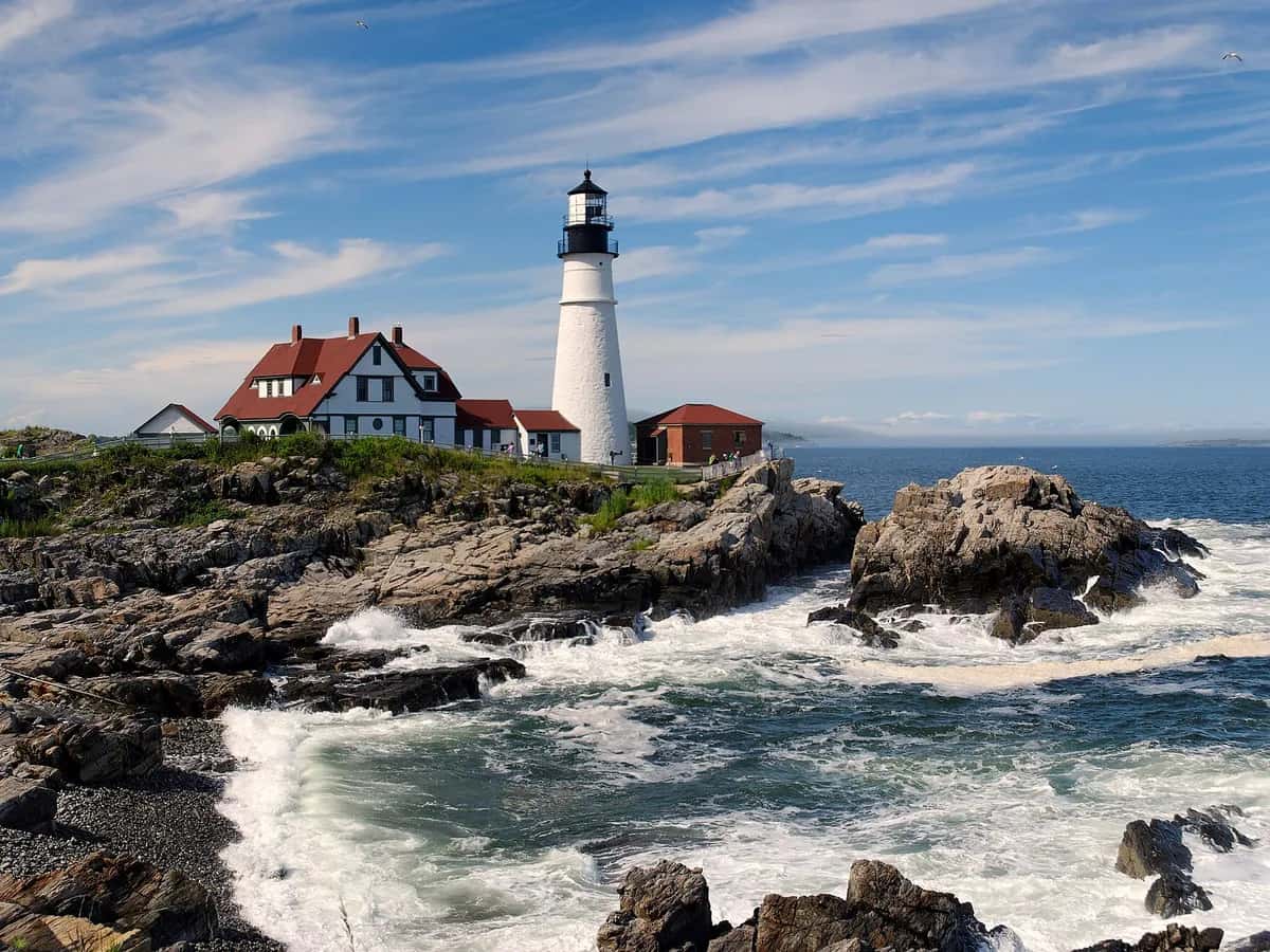 Portland Head Light on the rocky shore of Cape Elizabeth, Maine
