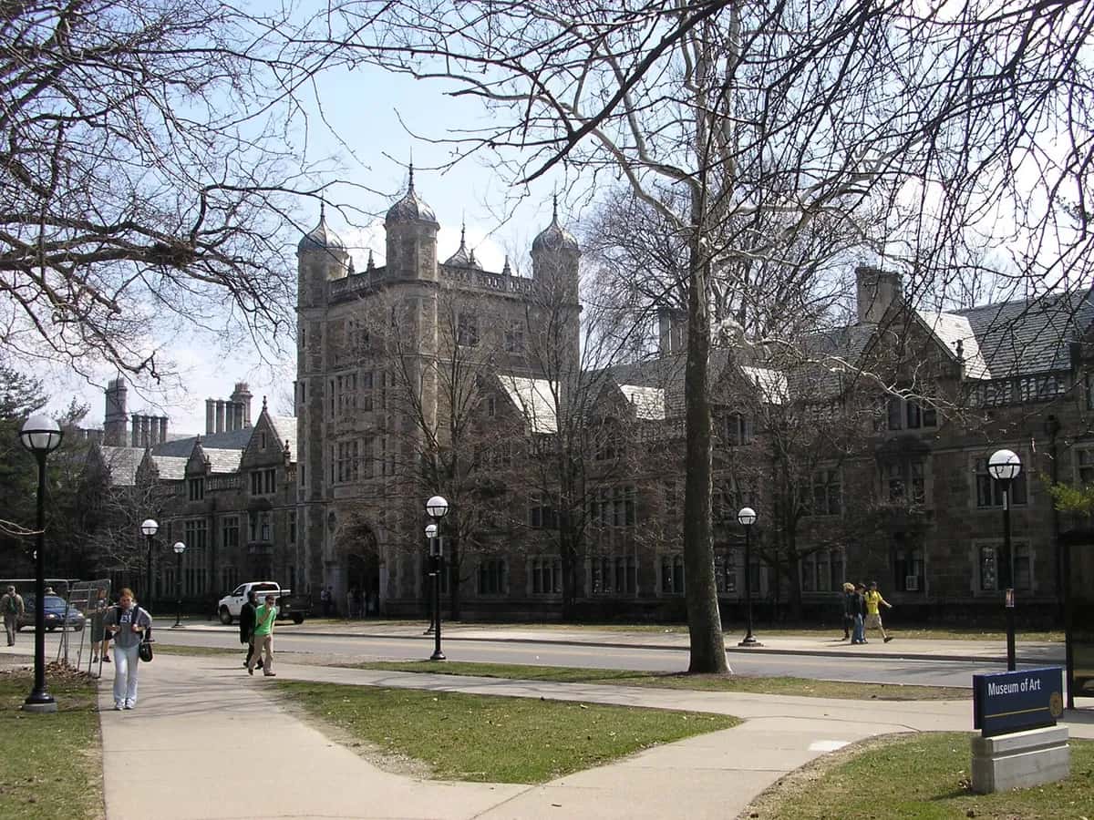 Gothic stone buildings of the University of Michigan Law Quadrangle in Ann Arbor