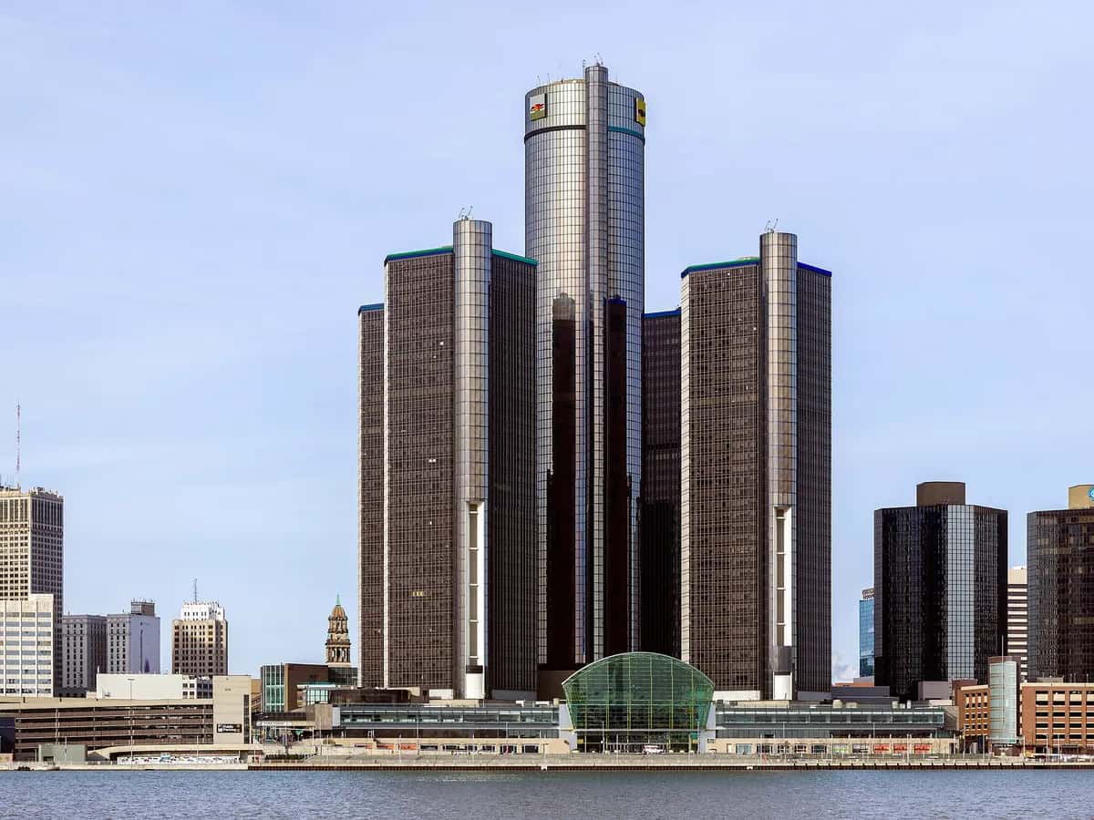 Detroit skyline and Renaissance Center along the Detroit River