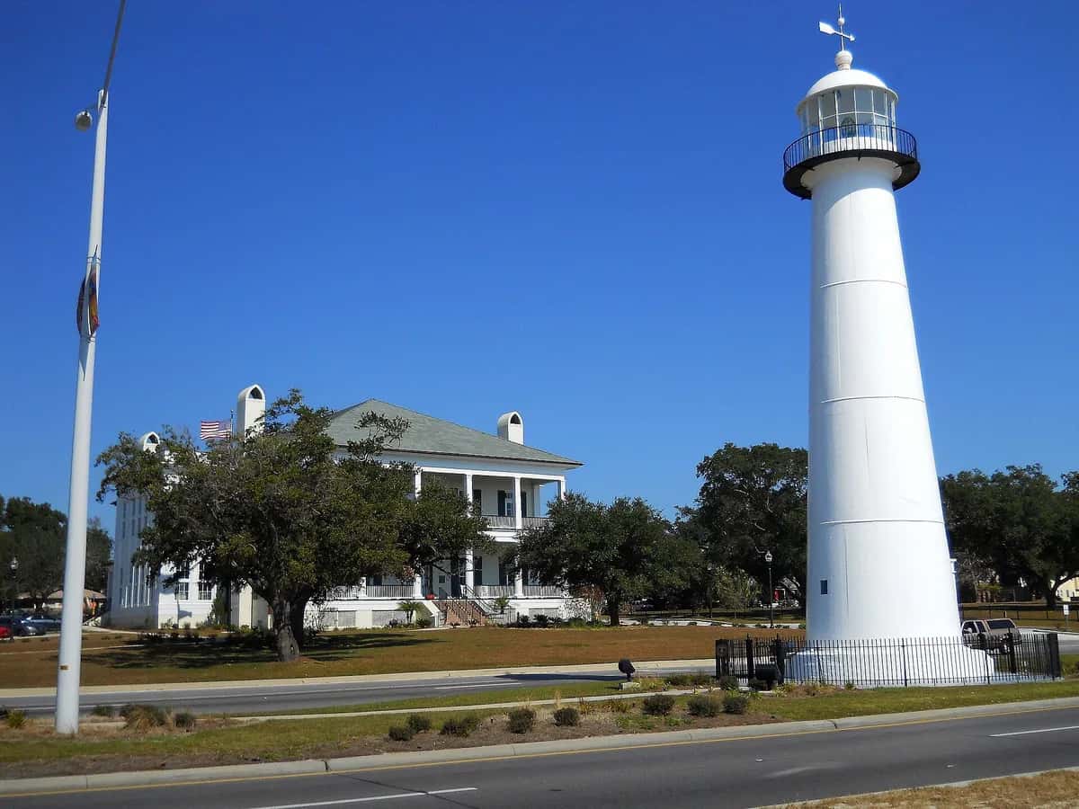 Biloxi Lighthouse beside the sand beach on the Mississippi Gulf Coast