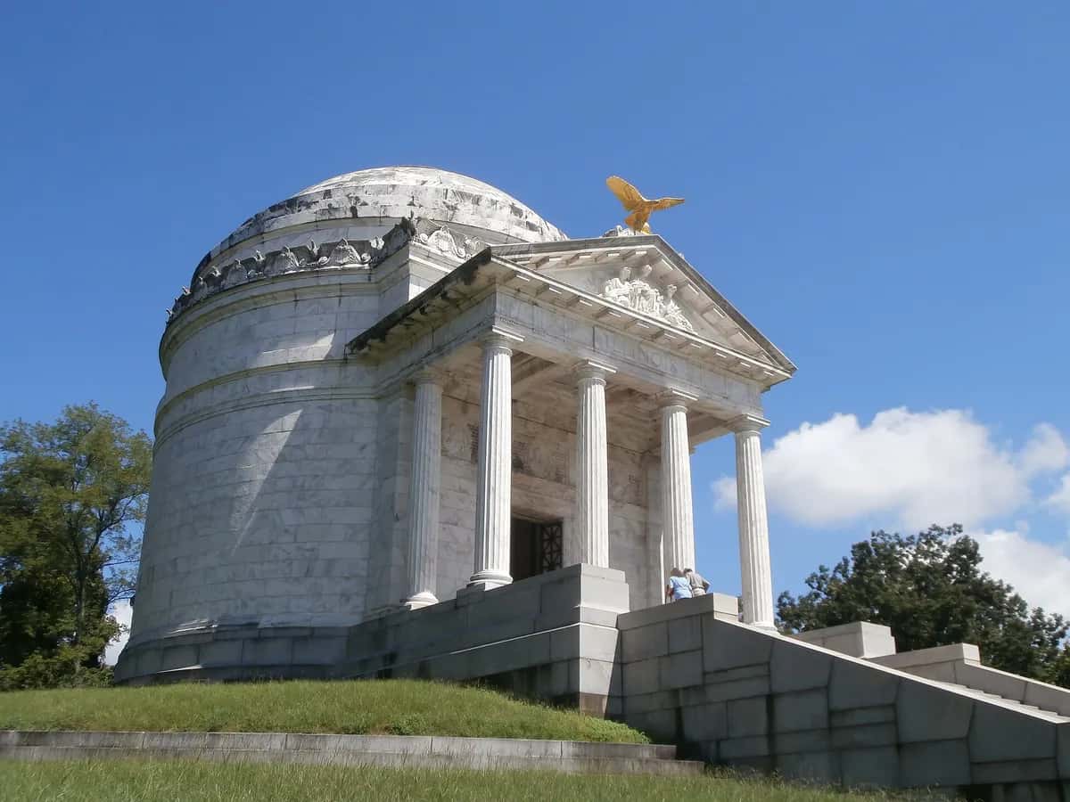 Illinois Memorial on the grassy hills of Vicksburg National Military Park