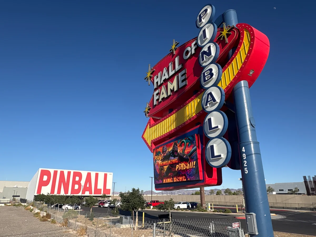 Pinball Hall of Fame roadside sign and current Las Vegas Boulevard building, photographed in June 2026